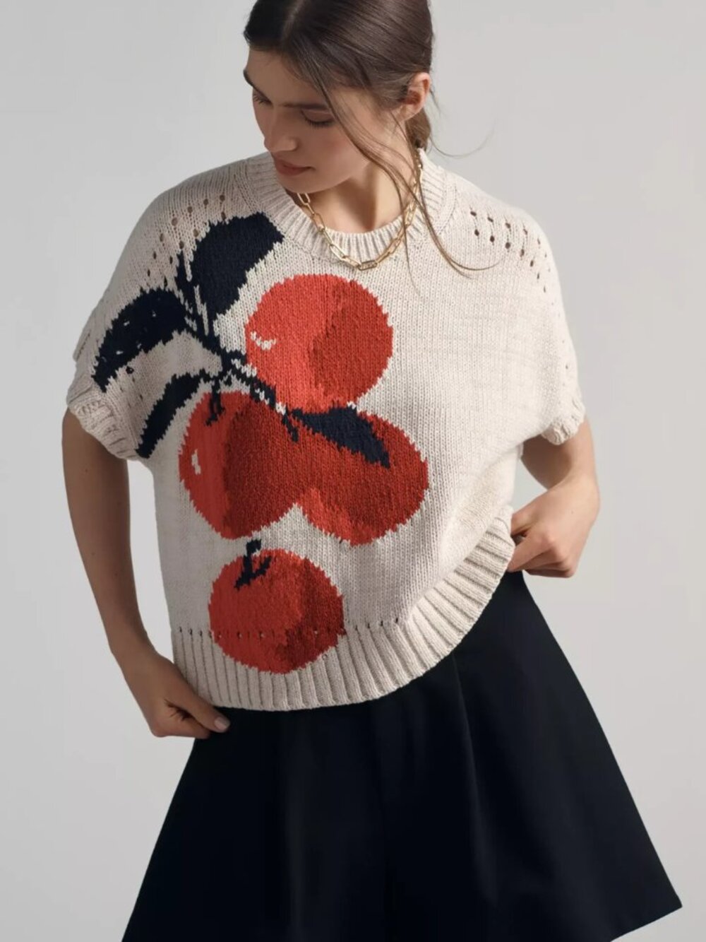 Anthropologie Maeve Short-Sleeve Veggie Motif Graphic Sweater Apples L NWT - Picture 1 of 5